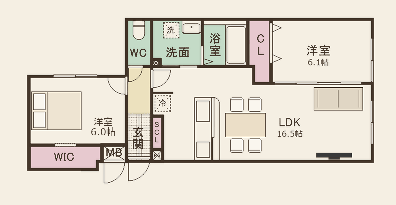 A-type 2LDK 手書き風間取り図（LDK16.5帖・洋室6.1帖・6.0帖 / バルコニーなし）