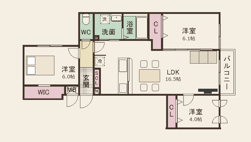 B-type 3LDK 手書き風間取り図（LDK16.5帖・洋室6.1帖・6.0帖・4.0帖・南向きバルコニー）