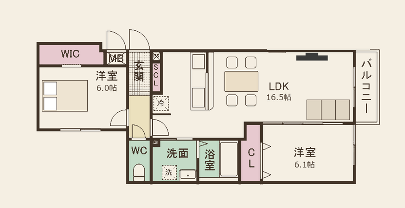 C-type 2LDK 手書き風間取り図（LDK16.5帖・洋室6.1帖・6.0帖・南向きバルコニー）